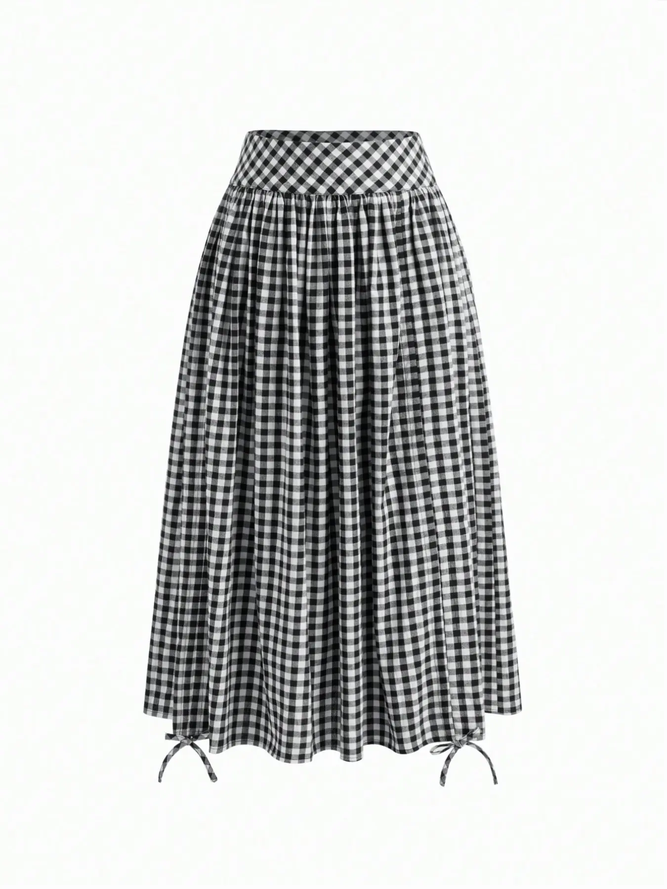 New Fashion Retro Modern Unique Design Plaid Checkered Drawstring Adjustable Pleated High Waist Women's Midi Skirt, Stylish, Chic and Trendy