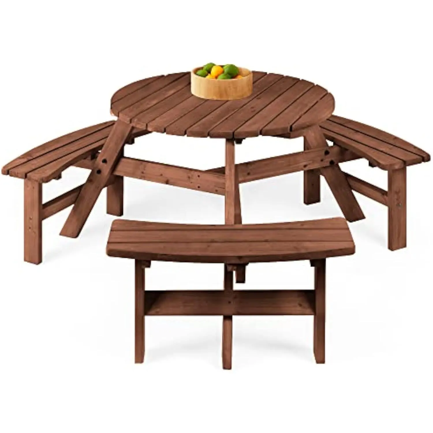 Round Outdoor Wooden Picnic Table with Built-In Benches, Umbrella Hole, 6-Person Circular Patio Dining Table for Backyard, Garden or Yard - Natural Wood Finish