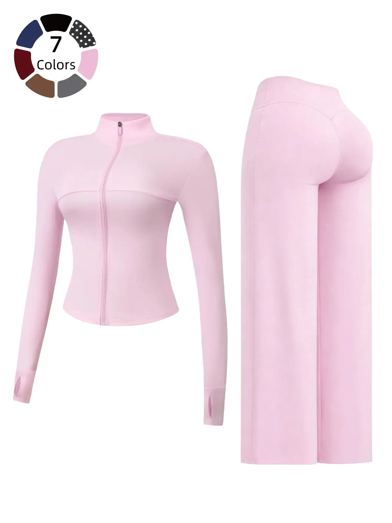 Women's High Neck Zipper Jacket Yoga Set, Breathable Quick-Dry Sportswear, Fitted Long Sleeve Jacket + Wide Leg Pants, All Seasons, Athletic Yoga Set, Yoga Fashion Set