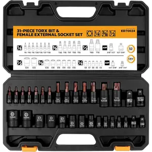31-Piece Torx Bit Socket Set, 14 Star Bits T8-T70 & 13 E-Torx Sockets E4-E24, Premium CR-V & S2 Alloy Steel High Torque Laser Marked for Automotive Mechanics