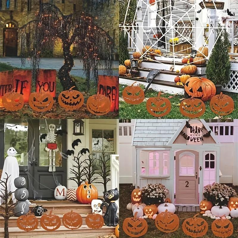 4 Vintage Metal Halloween Pumpkin Garden Plaques, Festive Jack Lantern Courtyard Signs, Outdoor Fall Art Statues for Garden, Lawn, Patio Decor