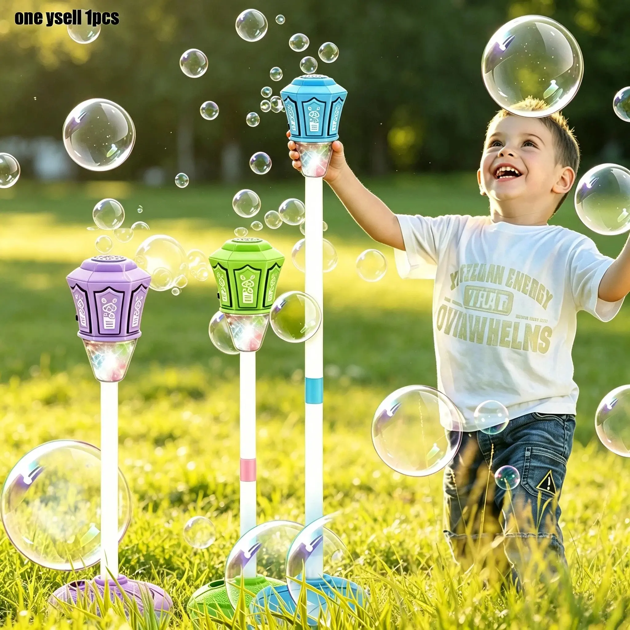 Bubble Maker Toy for Kids Standing Bubble Machine Automatic BubbleBlaster with Music & Lights Adjustable HeightPerfect for Outdoor & PartyMassive Bubbles, Includes 100ML Bubble Solution （Leak-proof Individual Bubble Solution Refills）