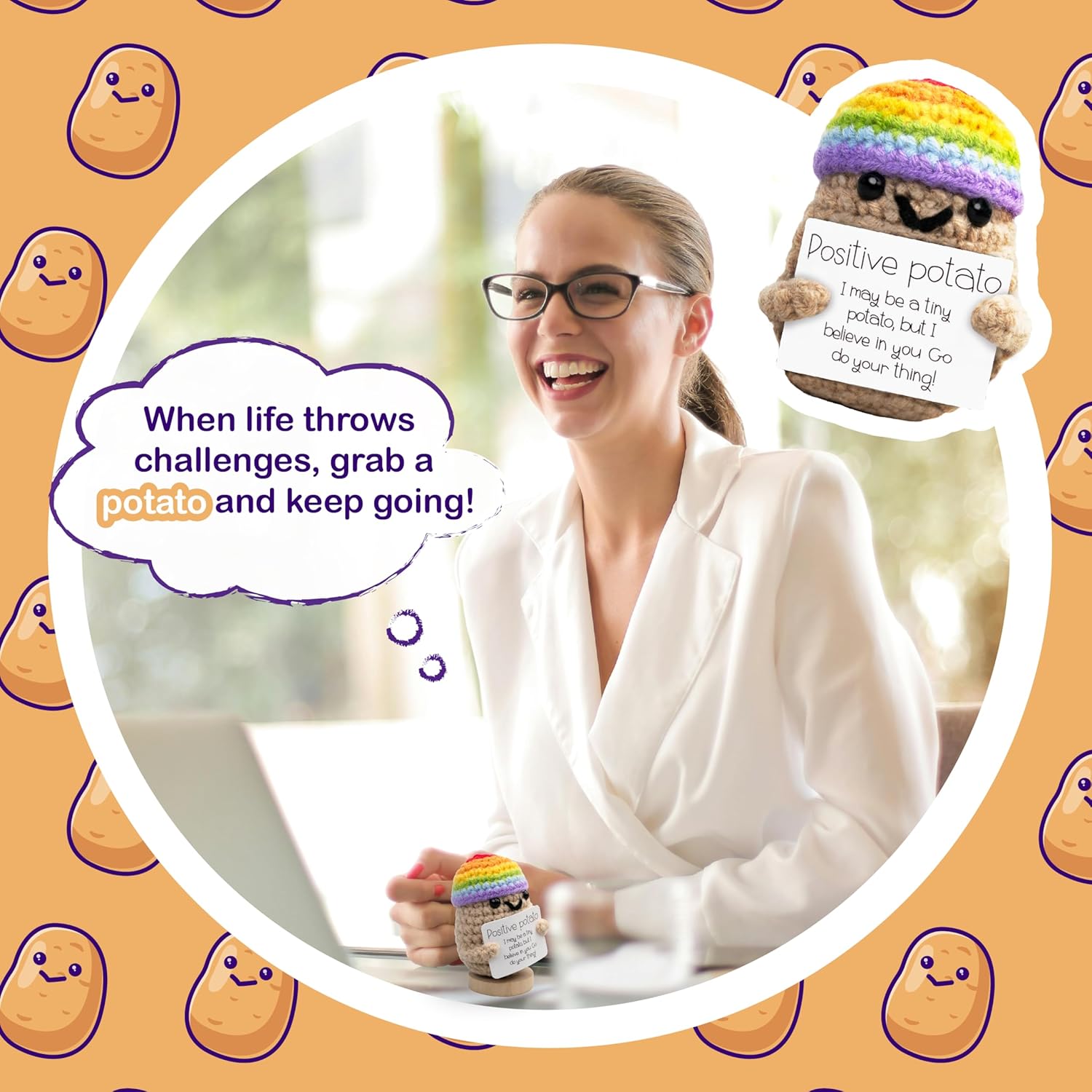 Adorable Marlo & Buzz crochet potato plush with stand! This funny emotional support toy offers comforting motivation for stress and anxiety relief, perfect as charming home decor. Soft, cute, and full of warm energy to cheer you up every day.