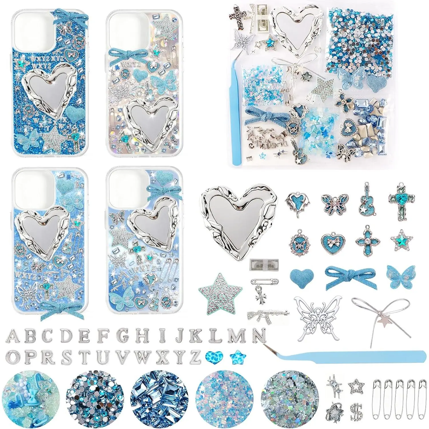 Junk Phone Case Charms Kit for DIY Custom Cases, Y2K Coquette Bling Decorating Accessories with Bows, Rhinestones, Flatback Pearls, Mini Mirrors and Resin Charms