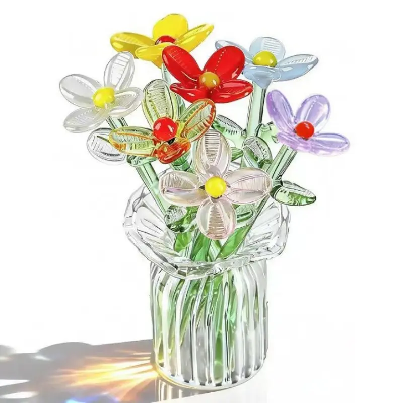 7Pcs Mini Artificial Flower Bouquet with Vase for Women for Birthday Home Wedding Table Centerpiece Display Decor