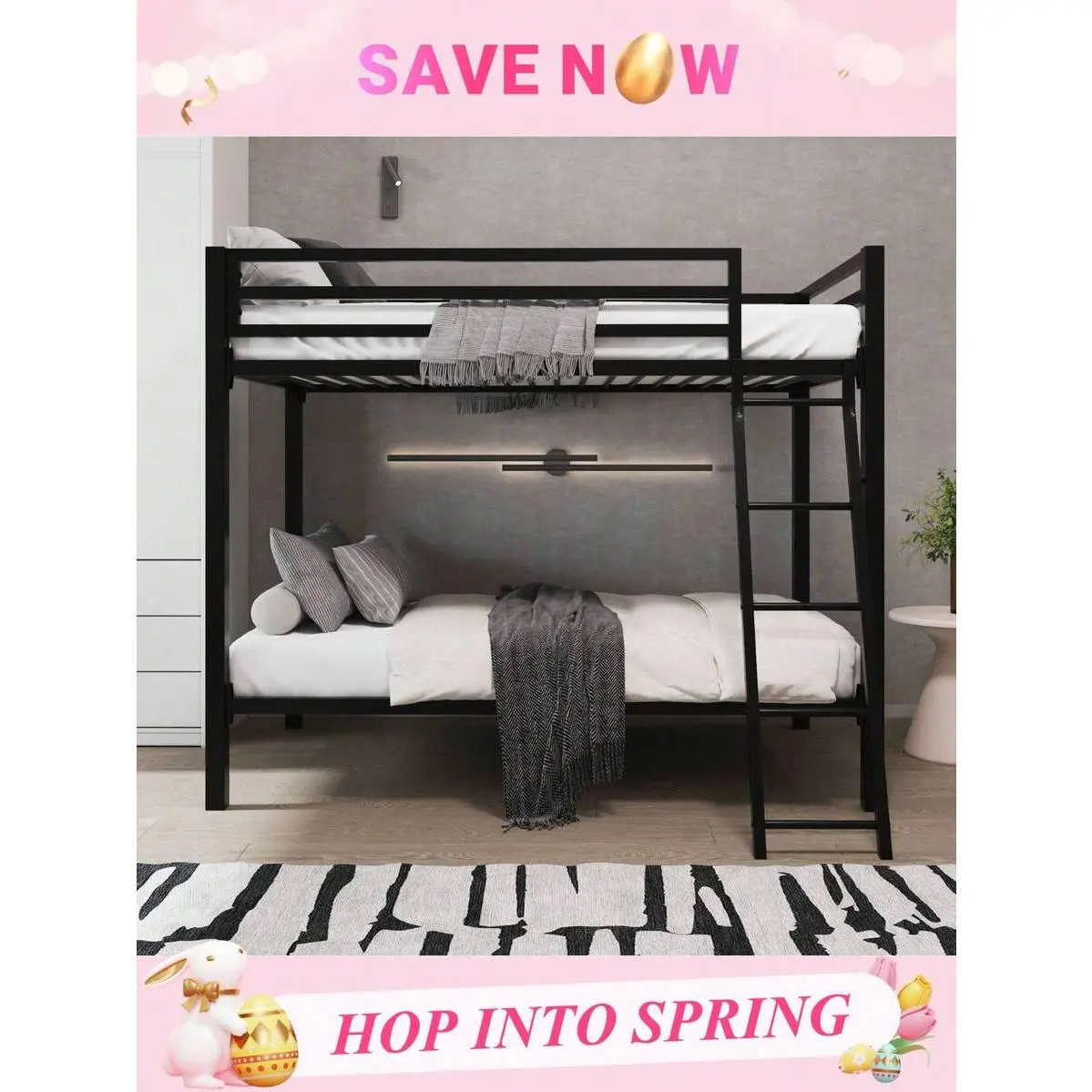 Metal Bunk Bed Twin Over Twin Size for Juniors & Adults with Angled Ladder & Heavy Duty Safety Guardrail, Space-Saving/Noise Free, Black/White * Bed Frame Queen Queen Bed Frame Bed Frame Full Full Size Bed Frame Size Bed Frame Twin Bed Frame Room Decor Ho