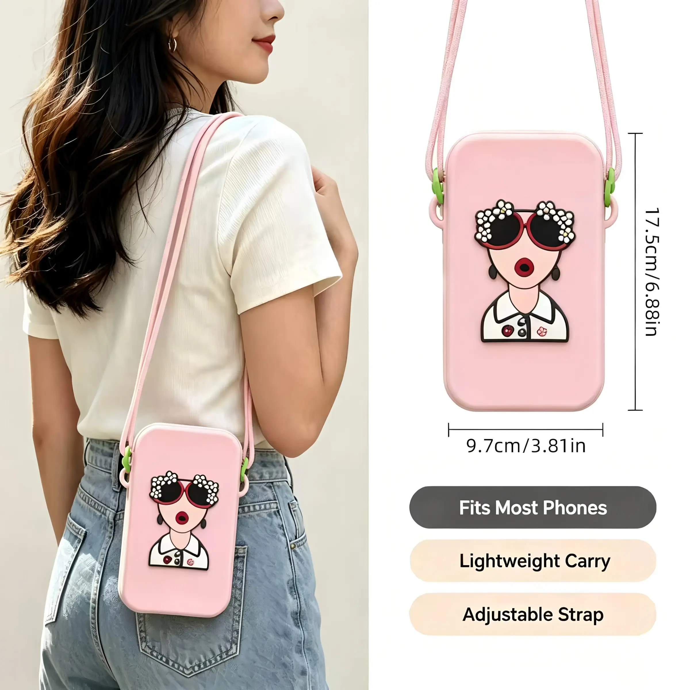 Cute Character Pattern Silicone Phone Case, Makeup Bag with Long Strap, Handheld or Hanging Wallet, Lightweight and Convenient