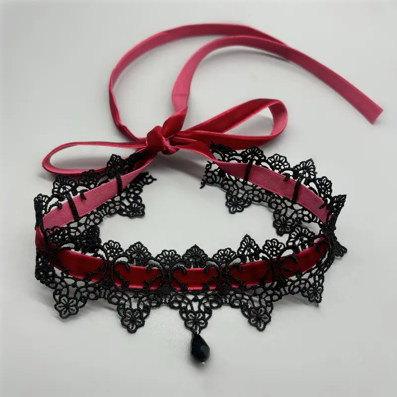 2 Pack Burgundy Velvet Black Lace Tie Choker Necklace, Gothic Self Tie Ribbon Neck Collar with Teardrop Crystal Pendant, Adjustable Wrap Clavicle Chain for Women