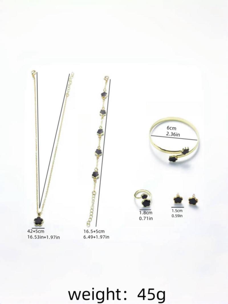 Lucky Flower Design Pendant Jewelry Set, Gifts for Her, Fashion Necklace & Ring & Bracelet & Earrings, Casual Matching Dainty Jewelry Set for Women, Trendy All-match & Exquisite Cute Floral Jewelry Set for Gift, Women Gifts