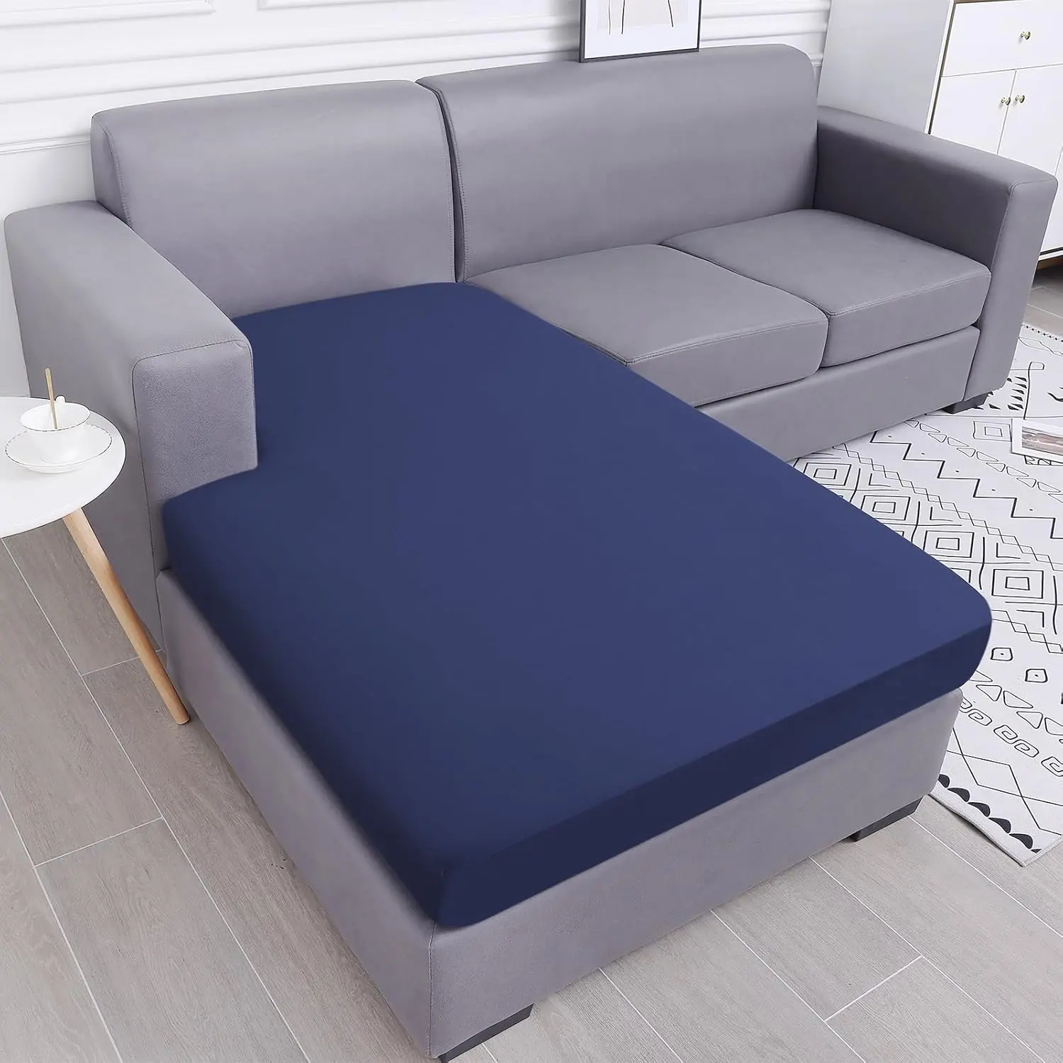 Navy Stretch L-Shape Chaise Sectional Couch Cover - 92% Spandex Blend Durable Slipcover Set, Waterproof, Non-Slip Full Protector for Families with Kids, Machine Washable, Hang Dry Cushion Cover
