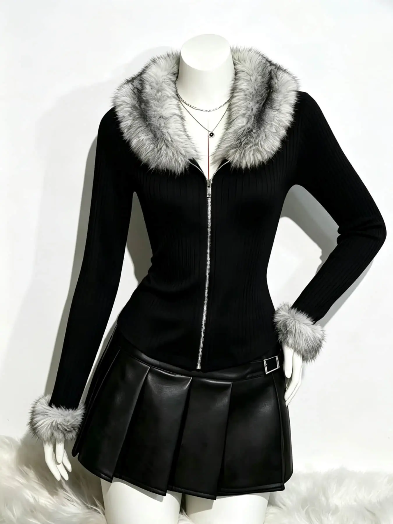 1 piece of women's fashionable black fur collar cardigan top with large gray fur collar zipper, waist cinching, slim fit, long sleeved, fur cuff design suitable for spring and autumn, suitable for dating, daily commuting, outdoor wear