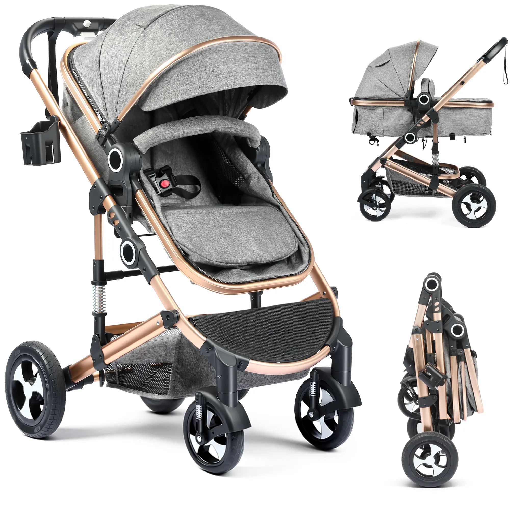 Kinder King 2-in-1 Convertible Baby Stroller - High Landscape Folding Infant Carriage with Reversible Newborn Bassinet Pram, Adjustable Canopy, Diaper Bag