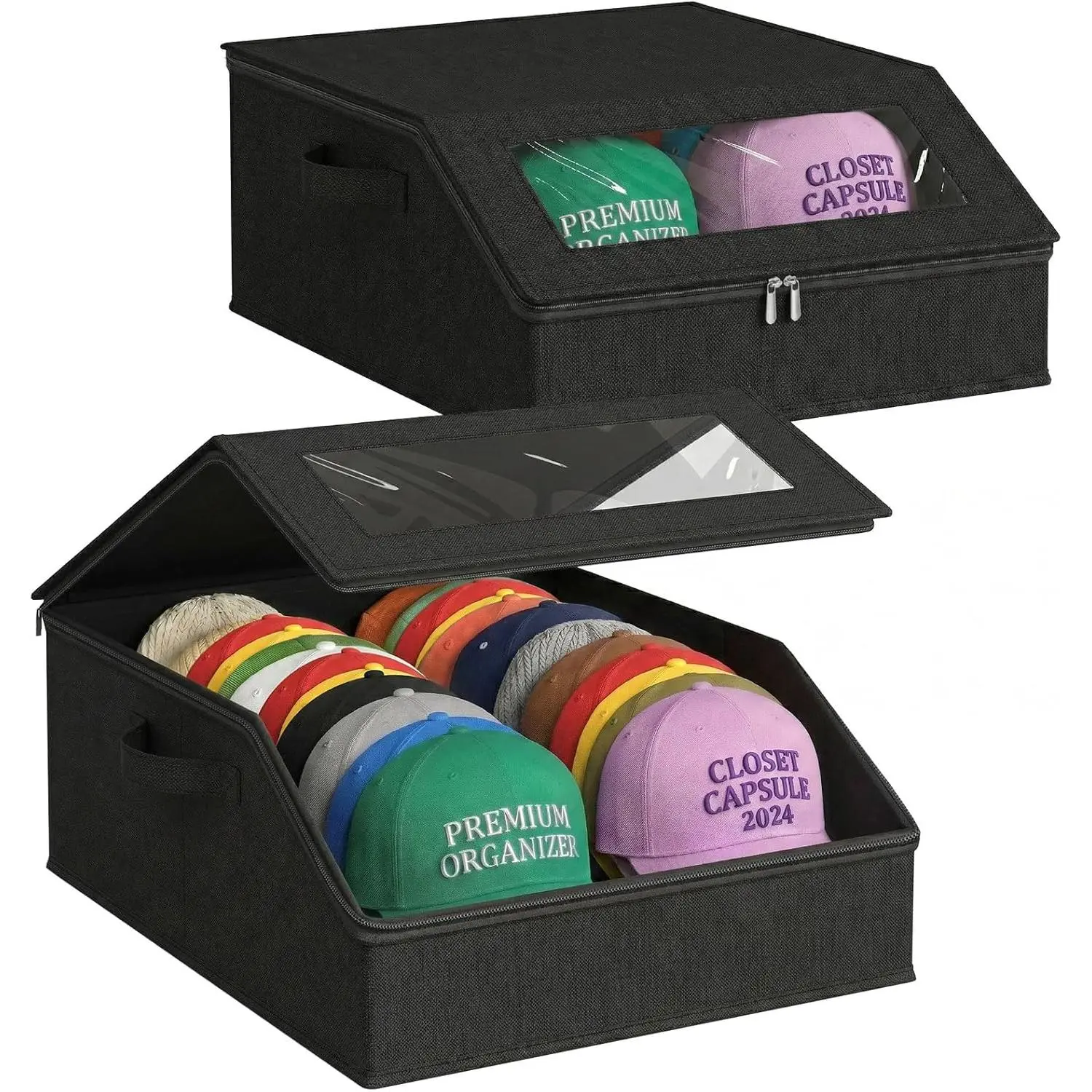 2 Pack Hat Storage Box for Baseball Caps, Holds 48 Caps, Black | Stackable Hat Organizer for Closet, Dustproof Hat Box with Clear Window, Hollow Board Support & 2 Handles, Flip-Top Access