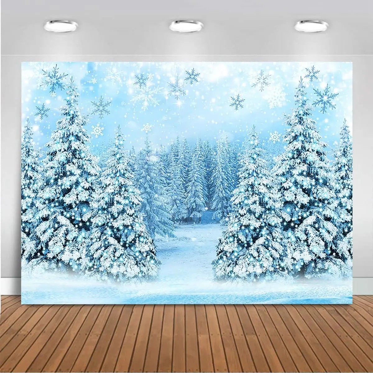 Winter Scene Backdrop Snowy Christmas Pine Tree Halo Spots Photography Background Blue Wonderland Snowflake Forest Party Holiday Photoshoot Props (Blue, 7x5ft)