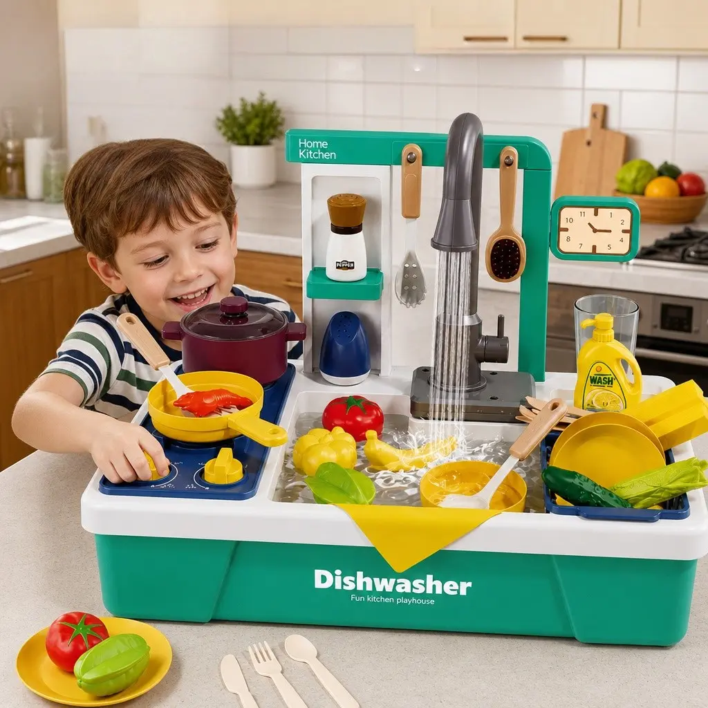 Play Kitchen Dishwasher Toy, Electric Faucet, Automatic Water System, Fake Fruits Vegetables, Summer Fun, Ages 3-6, Gift Idea