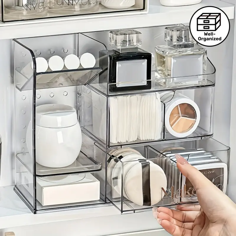 1PC Multi functional plastic cosmetic storage box for household use, with  layered drawers. The dressing table can be placed on the countertop without drilling holes or wall hanging, organizing skincare and makeup products neatly without taking up