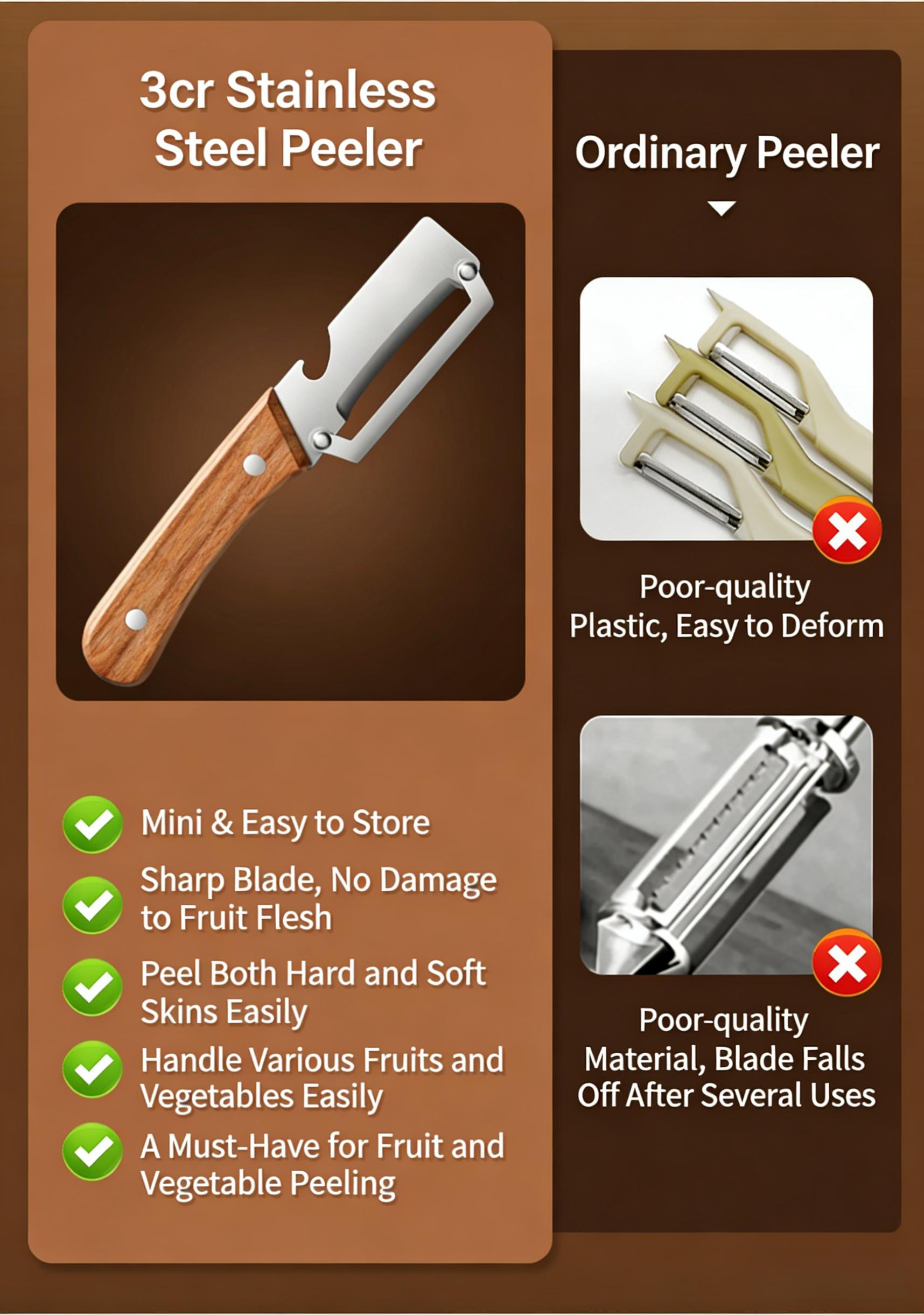 2PCS Multi Function Stainless Steel Peeler with Wooden Handle, Kitchen Fruit Vegetable Potato Peeler