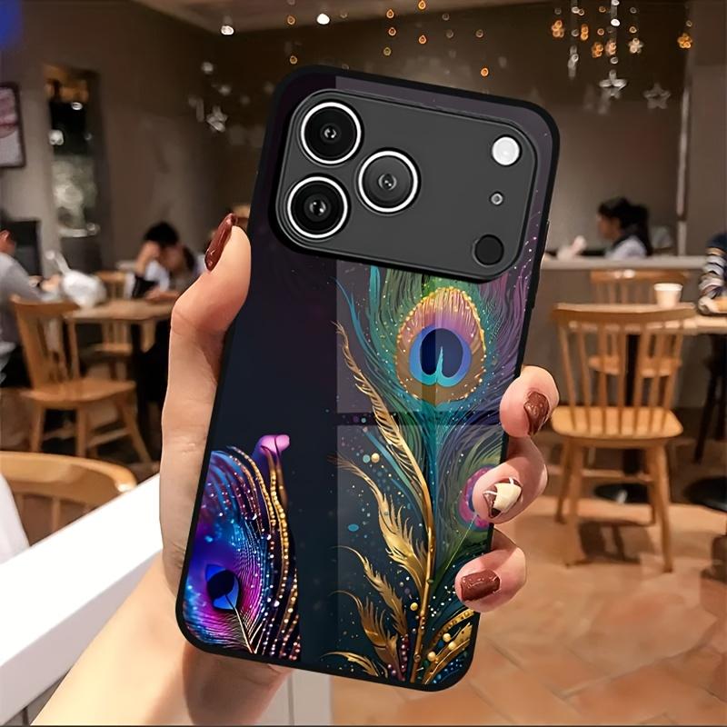 Phone case: Peacock Feather Colorful Shimmering Print Pattern Elegant Style Tempered Glass Phone Case with Minimalist Design, Compatible for iphone17 17Air 16 Pro 15 Promax 14 Plus 13 12 11