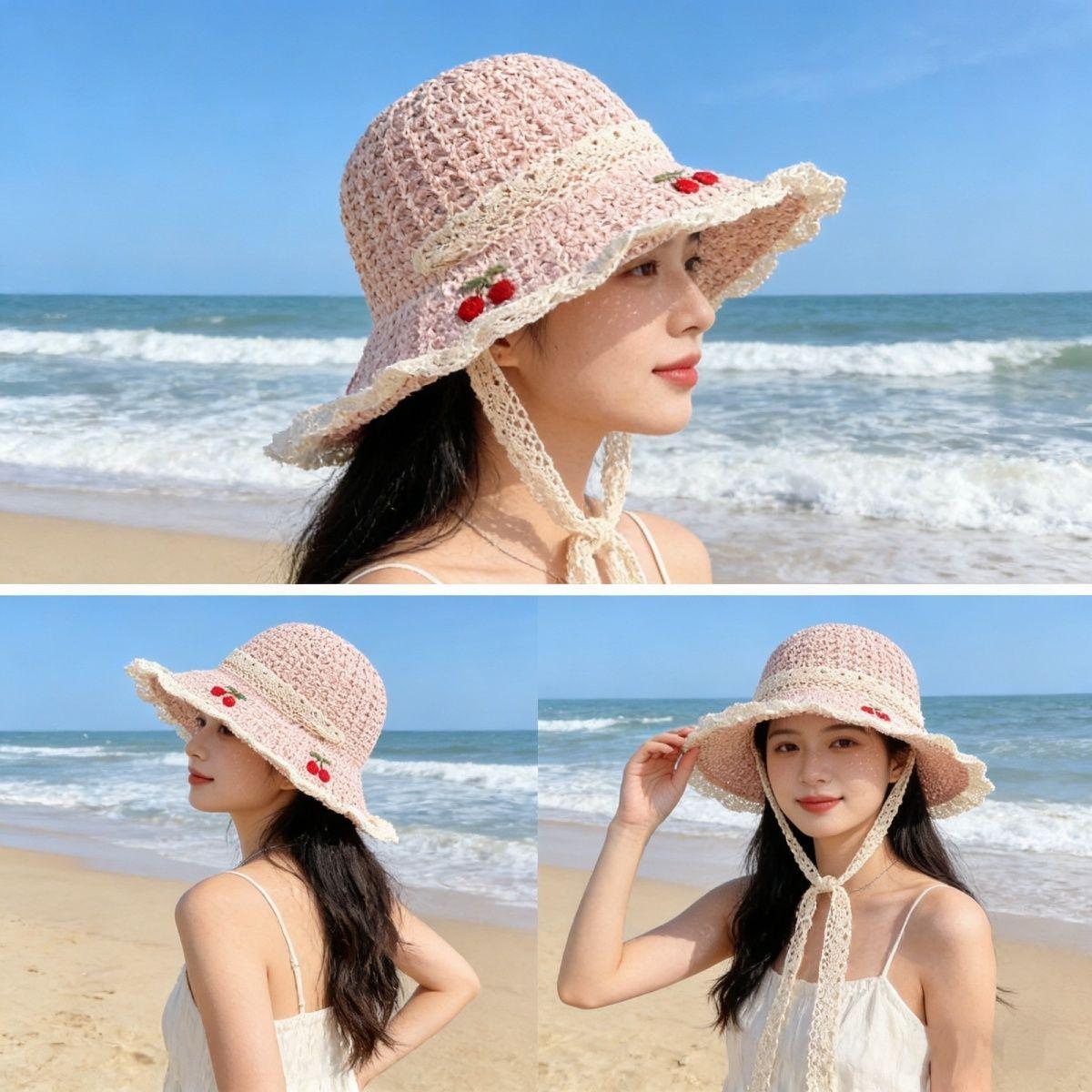 Korean-style Sweet Cherry Embroidered Straw Hat Summer Sun Protection Foldable Trendy Beach Hat for Vacation