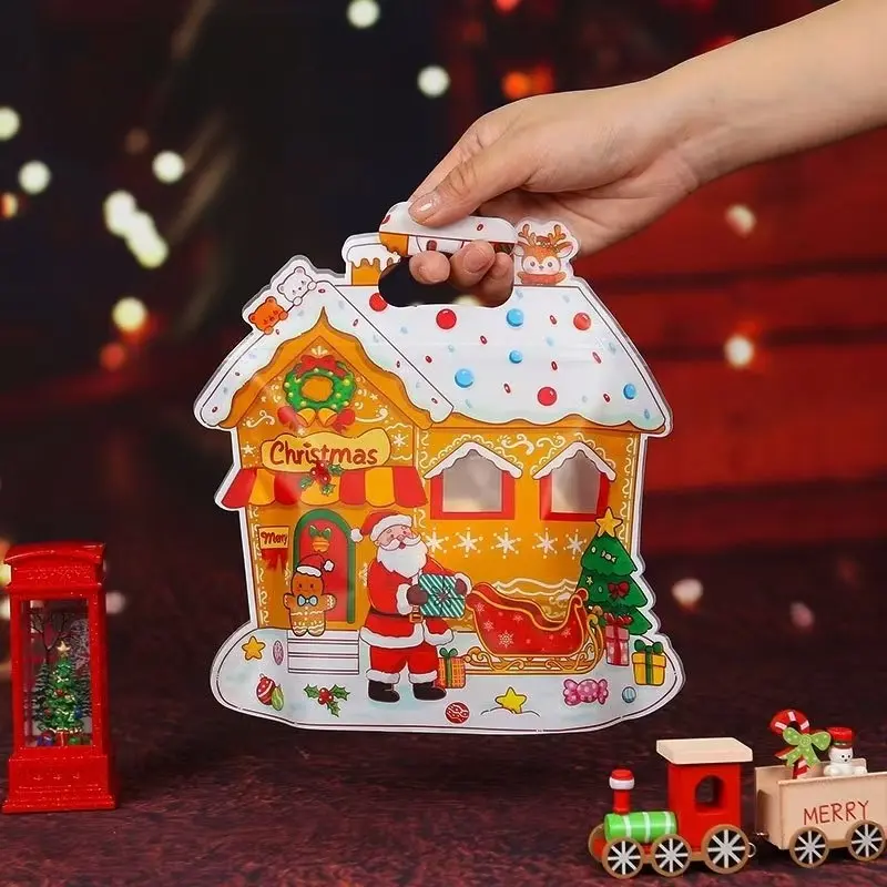 Christmas House Shaped Gift Bags, Food‑Safe Plastic Material, Portable Handle Design, Cute Gingerbread House Style, Reusable Treat Bags, for Candy Cookie Snack, Christmas Eve Holiday Party, Kids Gift Packaging, 30 Pcs Set