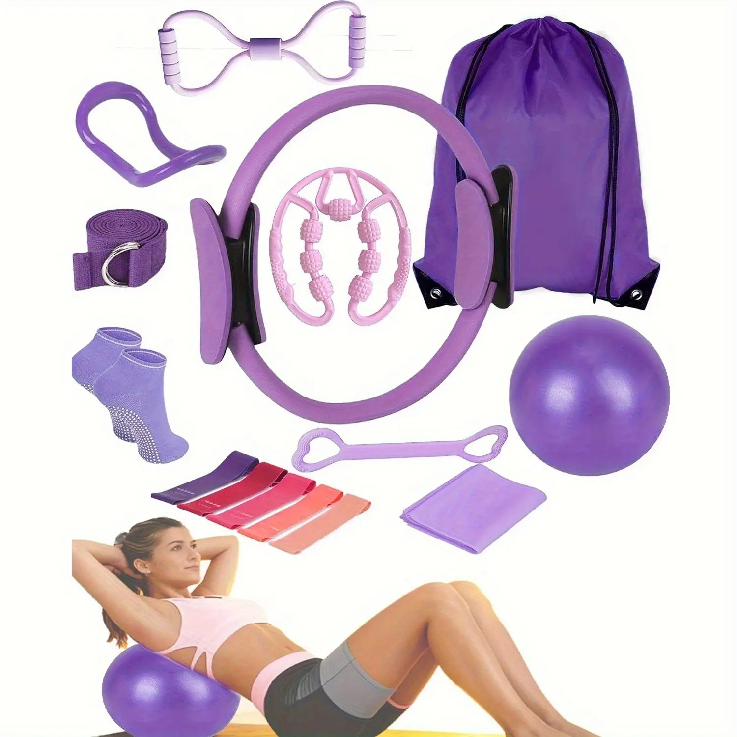 15-Piece Pilates Set, Portable Fitness Equipment, Includes Pilates Rings, Bands, Soft Ball, Yoga Accessories, Ideal for Home Workout Beginners