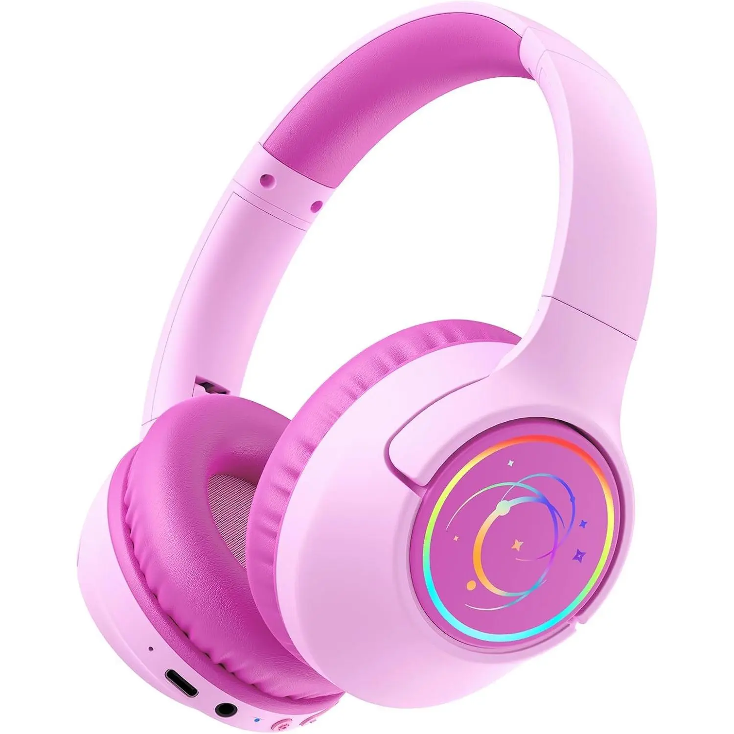 Kids Bluetooth Headphones with Charging - 85H Playtime, Colorful LED Lights, 85/94dB Safe Volume Limit, Bluetooth 5.4, Built-in Mic, Toddler Headset for Tablet/Airplane (Fuchsia Pink) Gift, Steel