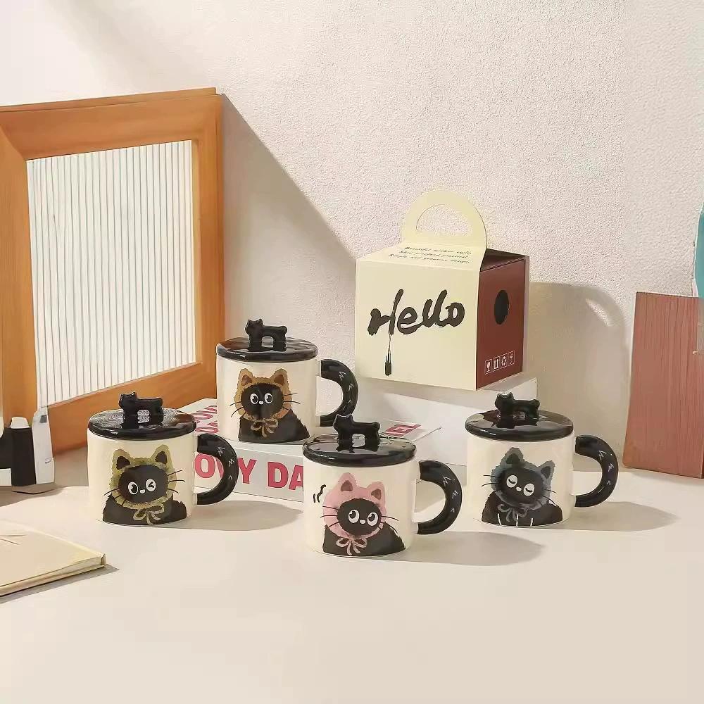 Cute Cat Pattern Ceramic Mug, 2 Counts/set Coffee Mugs with Lid & Spoon, Drinking Cup for Home Office Use, Gift for Girlfriend, Drinkware