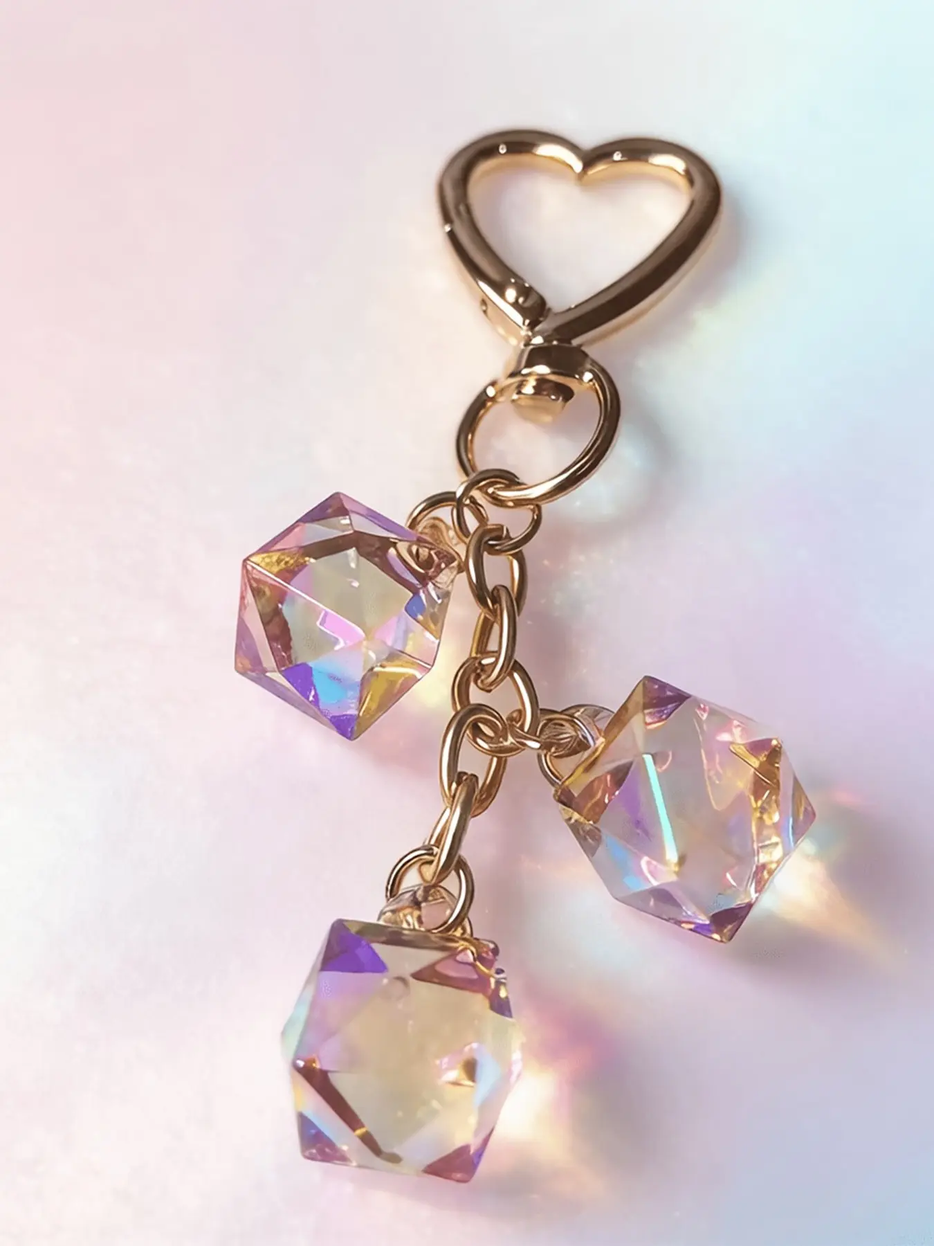 Iridescent Cube Crystal Keychain, Fashion Keychain, Heart Clasp AB Aurora Bag Charm, Cute Sparkly Beaded Purse Accessory for Backpack, Perfect Summer Gift for Aesthetic Lovers, Key Chain Accessories