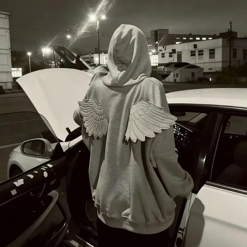 Y2K Angel Wings hooded sweatshirt, new 2026 release solid color zipper street cute personalized top role-playing outfit
