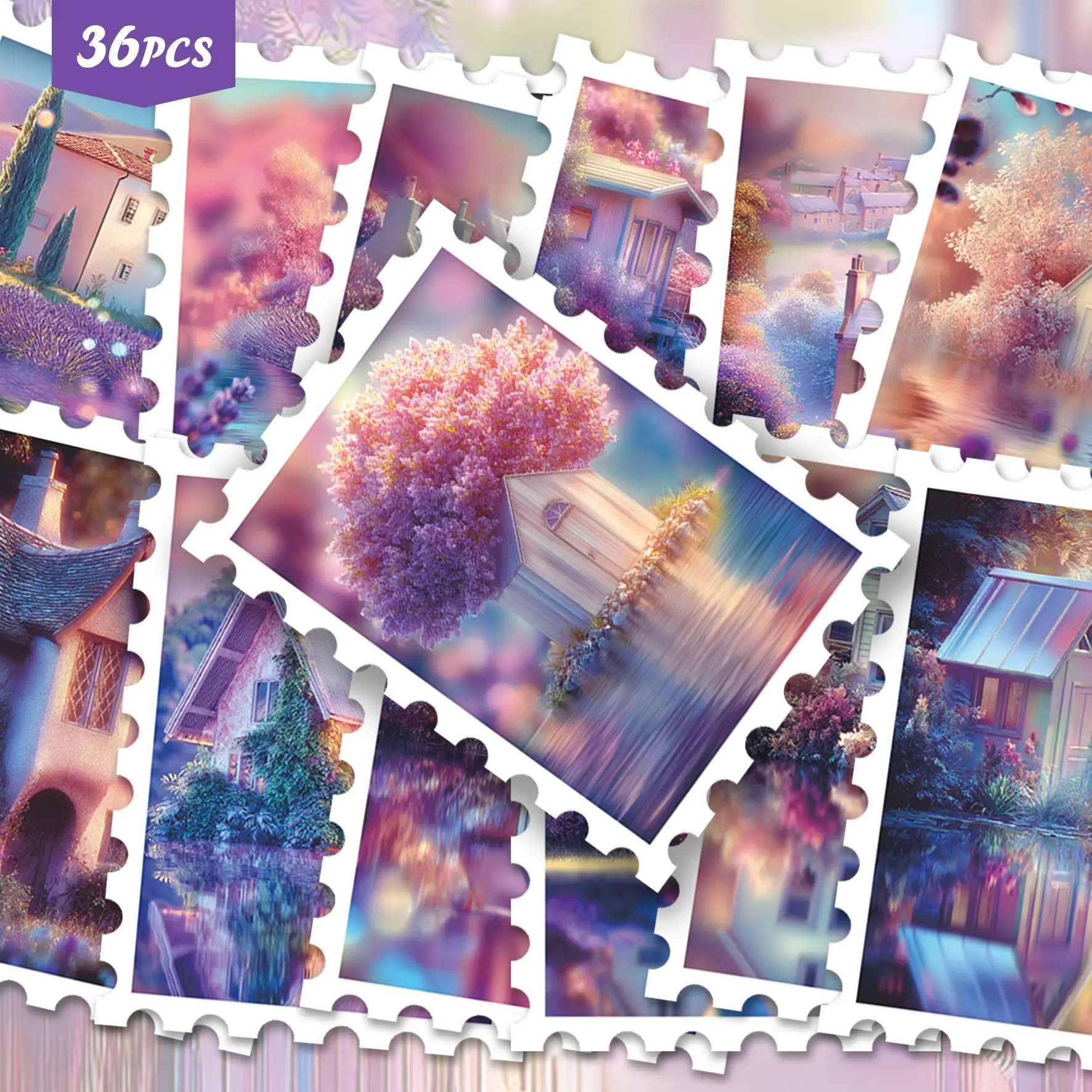 36pcs Dreamy Pastel Iridescent Cabin Lake Landscape Stickers Pack | Pink Purple Glowing Floral Tree Wooden House Sunset Bokeh Sparkle Fantasy Art Vinyl Stickers | for Scrapbook, Water Bottle, Tablet Decor