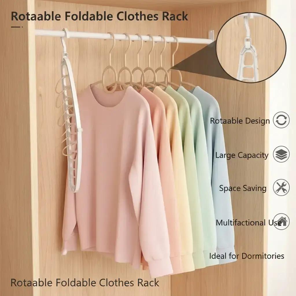 5 PCS Rotatable Folding Clothes Hanger, 1 Pack Space Saving Rotating Closet Organizer, Large Capacity Wardrobe Hanging Rack for Dorm, Bedroom Clothes Storage