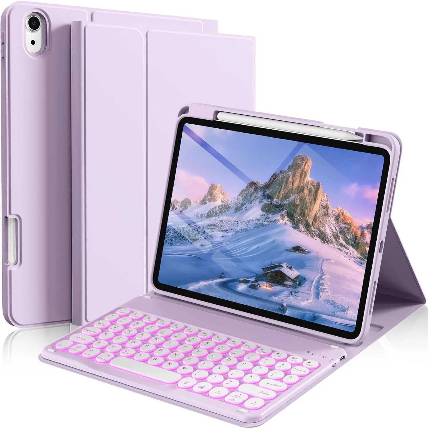 Detachable Backlit Round Keycap Keyboard Case with Pencil Holder for iPad 11-in/10th Gen 10.9-in (2025 A16/2022 Models), Compatible with iOS/Android