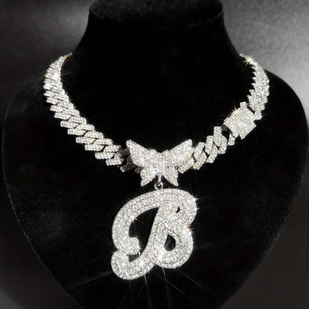 Iced Out Bling Butterfly Letter Pendant Necklace For Women AAA Rhinestone Paved Prong Cuban Chain Initial Necklaces Punk Jewelry