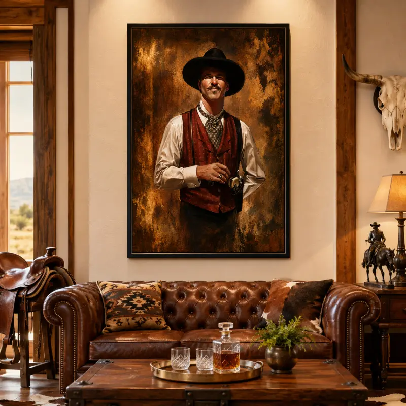 Vintage Doc Holliday Val Kilmer Autographed Unframed Poster - Artistic Western Cowboy Graphic Canvas Print, Waterproof Artwork, PVC Tube-Packaged Home Decor with Plaid/Map/Building Accents, Bedroom Wall Art, Ideal Gift