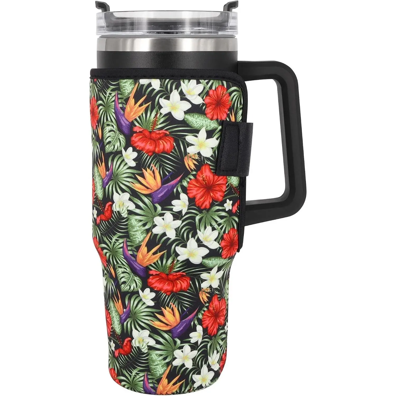 Reusable Cup Sleeve for 40 oz Tumbler with Handle, Tropical Flower Neoprene Insulated Cup Cover for Large 40oz Travel Mug, Anti-Slip Protective Holder, Sleeve Only