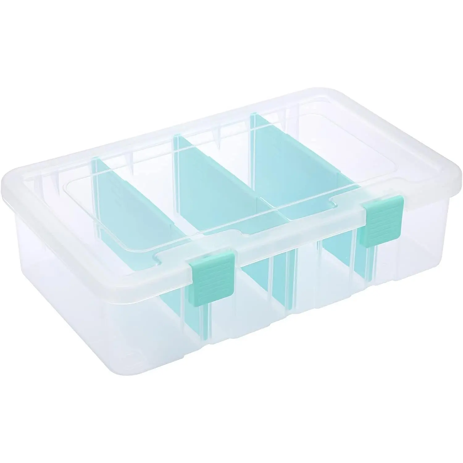 Clear Plastic Dividing Storage Box with 4 Compartments Adjustable Storage Bin with Lid Plastic Craft Storage Container Multipurpose Sewing Box Art Supply Organizer, 13.3x8.1x3.4 Inches Blue