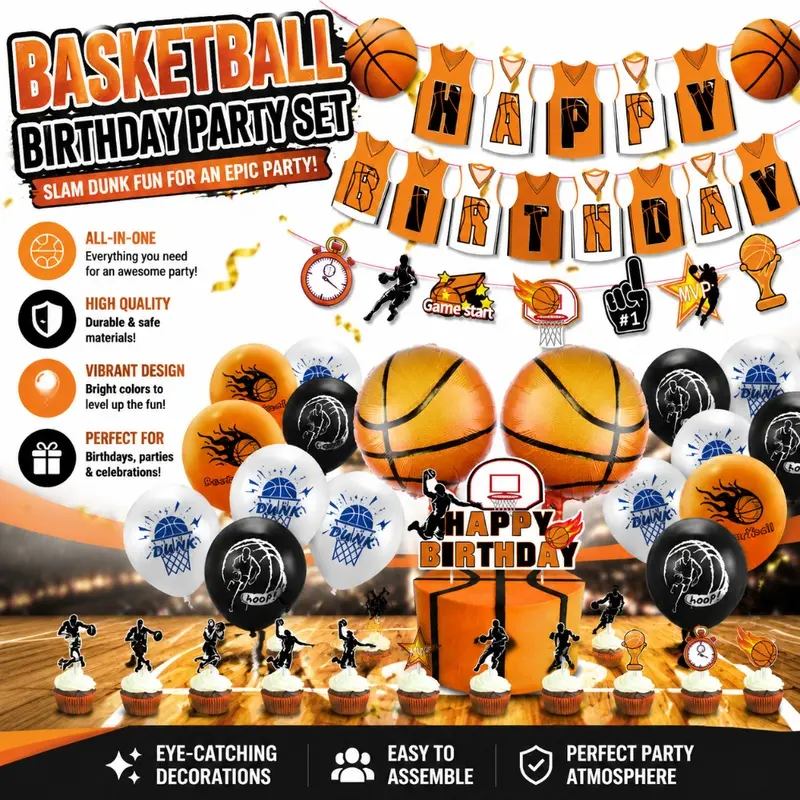 2026 Basketball Themed Birthday Party Decor Kit, Happy Birthday Banner Garlands Basketball Foil Latex Balloons Cake Toppers, Boys Sports Birthday Photo Booth Props, Kids Men Birthday Party Supplies Gift