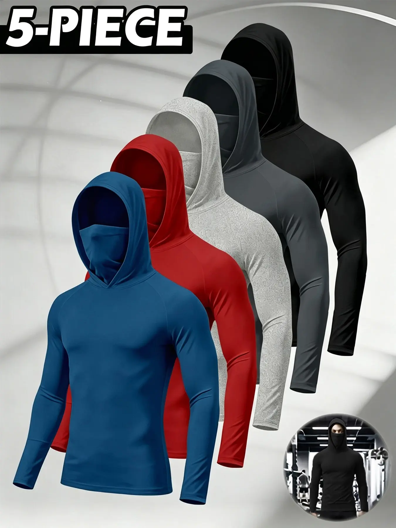 Men Hooded Compression Long Sleeve Shirts With Integrated Face Mask, Elastic Quick Dry Athletic Fabric, Slim Fit Base Layer Tees For Workout Running Cycling And Outdoor Training Activities #CompressionHoodie #SportsBaseLayer #FitnessLongSleeve