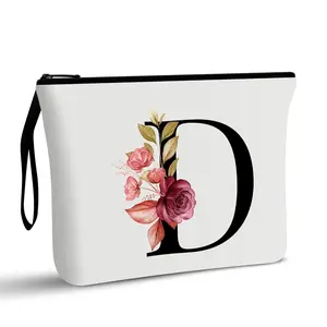 A-Z Personalized Makeup Bag, Birthday Gifts for Women Mom, Gifts for Best Friend, Bride Bridesmaid Cosmetic bag (D, White)