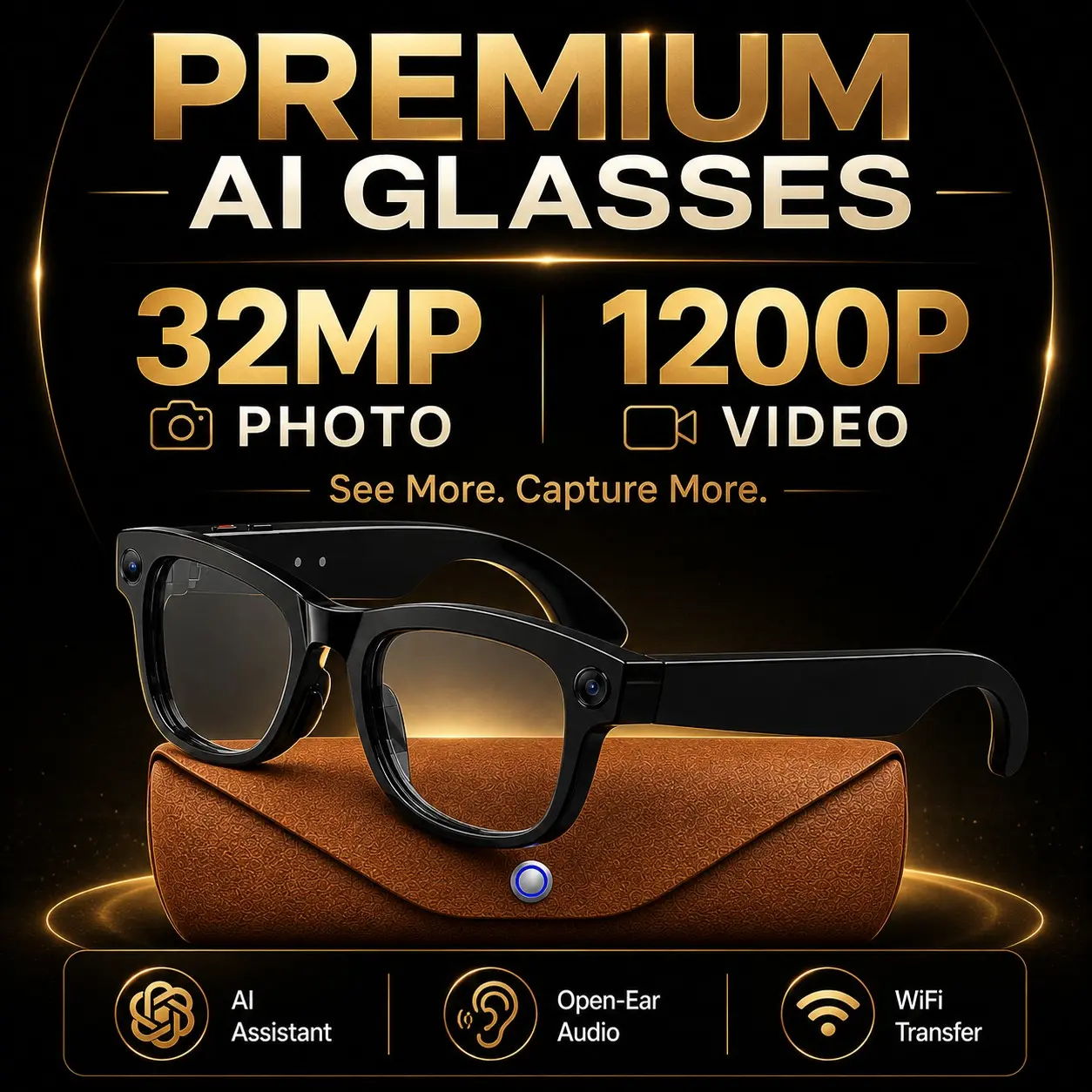 Bluetooth Audio Sunglasses with POV Camera, 2026 Multi-Scenario Smart Wearable Eyewear, 1200P Smooth Stabilized Recording, 32MP Ultra Clear Photo, Qwen ChatGPT Dual AI Translator, Touch Control Wireless Calling, IP65 Waterproof, 1400mAh Charging Case, Pho