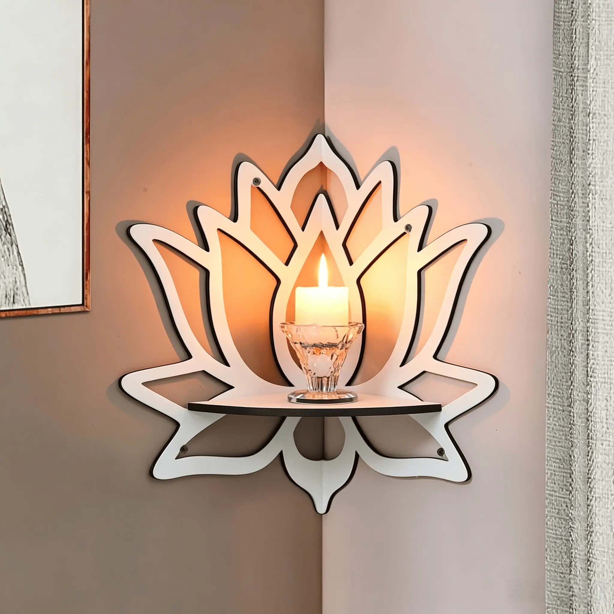 1 piece Lotus Cutout Wooden Corner Wall Shelf, White Floral Hollow Floating Display Shelf for Candles Crystals Essential Oils, Bohemian Corner Storage Home Wall Decor for Living Room Bathroom, Wall Rack, Aesthetic Bathroom Decor