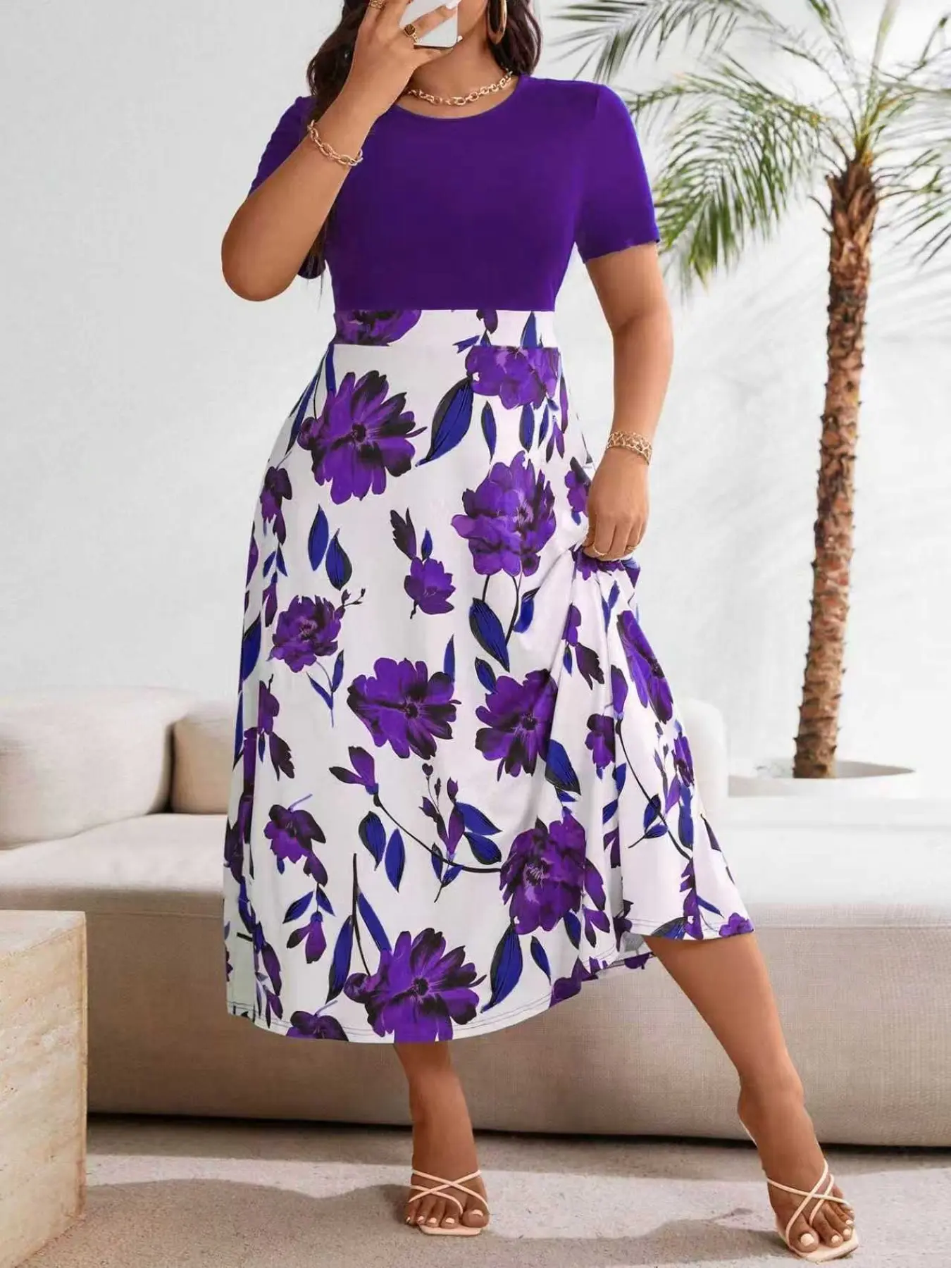 Elegant Plus Size Short Sleeve Long Dress, Spring Summer Women's Casual Wear Floral Print Round Neck Stretch Dress, Loose-Fitting Geometric Pattern, Dress For Summer