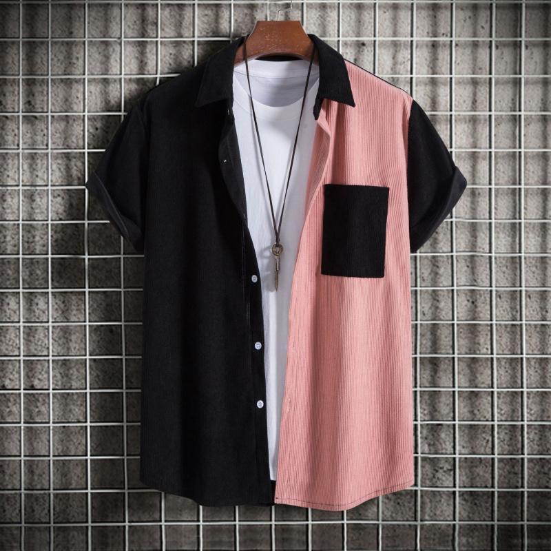 Men's corduroy color-block short-sleeve shirt, casual button-up shirt with chest pocket, vintage summer street style, soft and breathable, suitable for everyday wear
