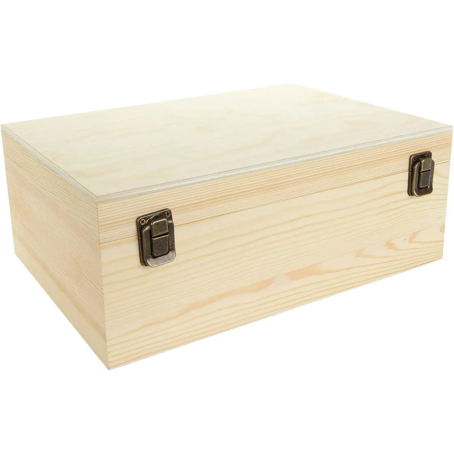 Unfinished Wooden Box, 12x9x5 Inch Large Wooden Box with Hinged Lid and Front Clasp, Pine Wood Box DIY Craft Stash Boxes for Arts Hobbies and Home Storage
