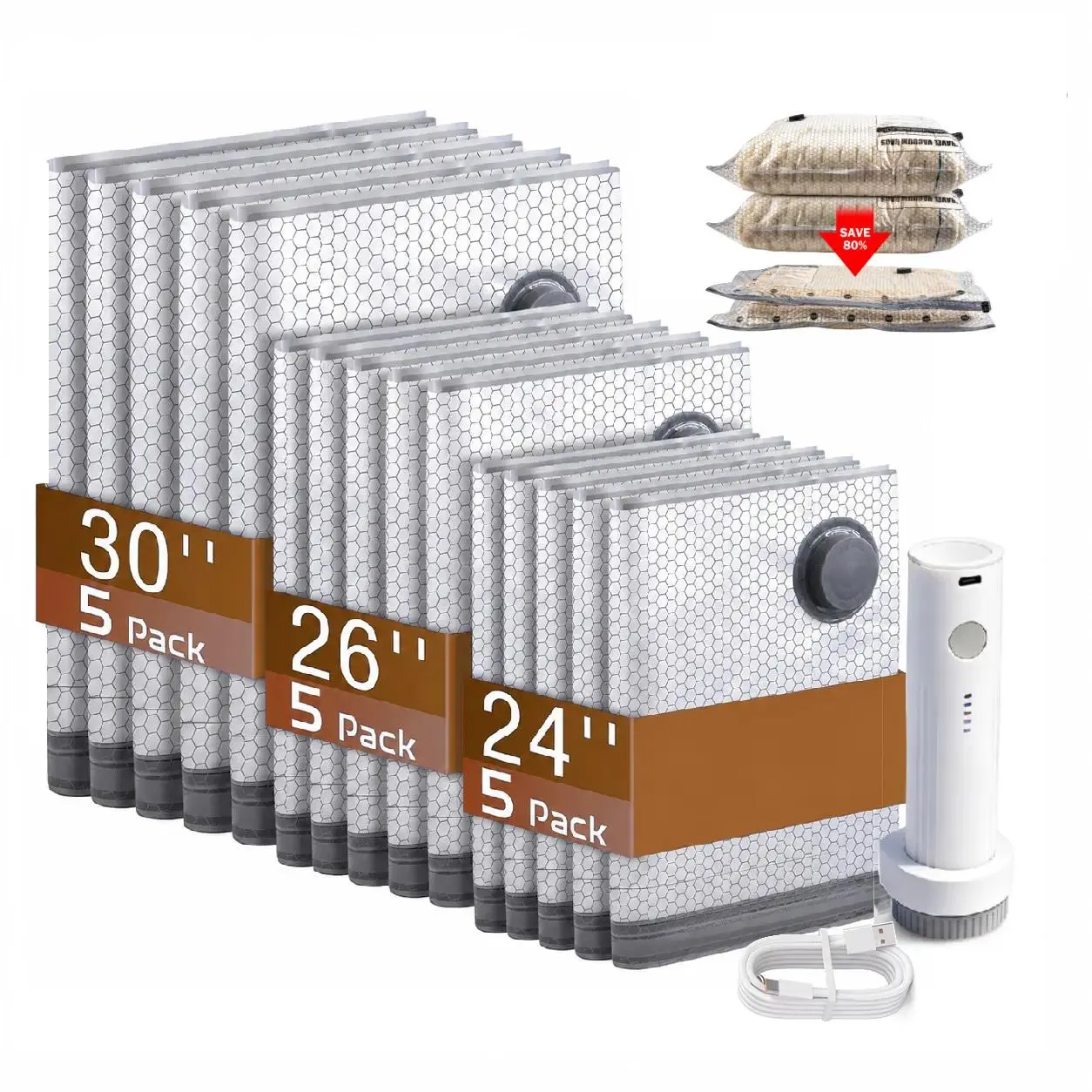 [2026 Upgraded] X7 Cordless Travel Vacuum Storage Compression Bags Set with Rechargeable Air Pump, 15-Pack (3 Sizes), 140L/Min Powerful Air Removal, Waterproof Eco-Friendly Organiser, Vacuum Bags for Travel Clothes & Carry-On Suitcases