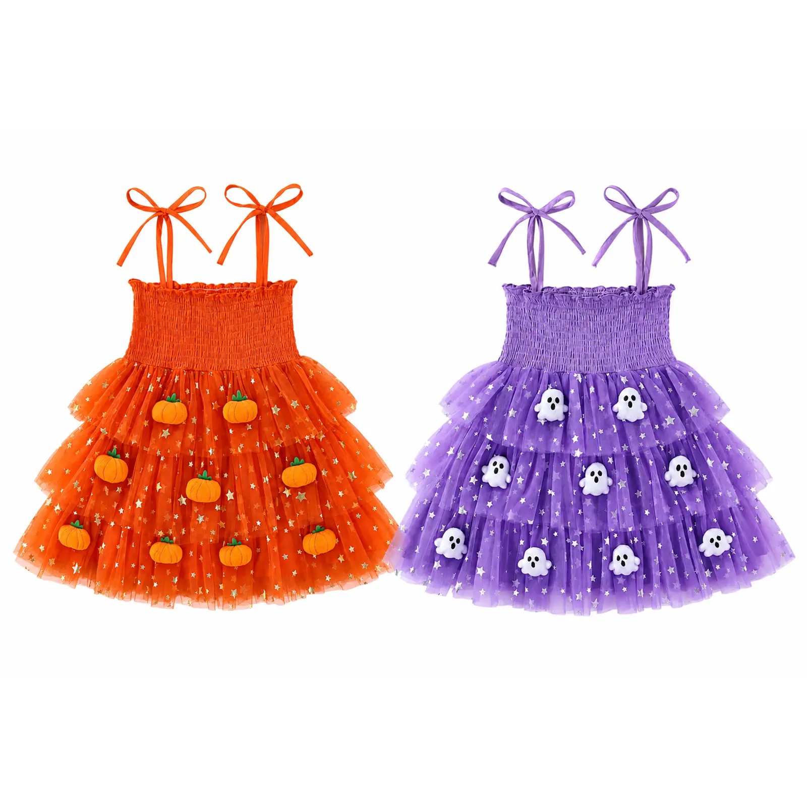 Canrulo Toddler Baby Little Girls Halloween Layered Tulle Tutu Dress Spaghetti Strap Smocked Tiered Skirt with 3D Pumpkin/Ghost Decor Kids Holiday Party Costume