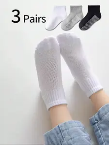 3 Pairs Kids Thin Mesh Ankle Socks, Solid Color, Breathable High Elastic Indoor Non-Slip Socks for Boys Girls