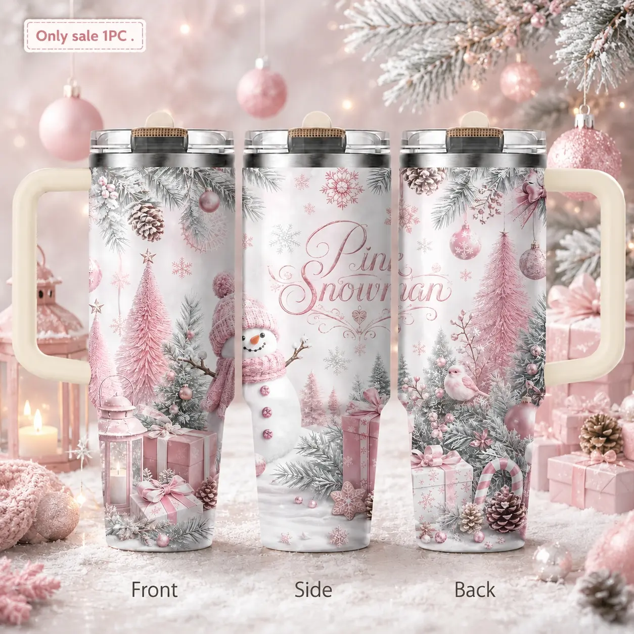 Deer Snowman Christmas Tree Winter Water Bottles 40oz 3rd Gen Vacuum Insulated Tumbler with Handle & Straw Lid, Leak-Proof Stainless Steel Travel Mug for Water, Coffee, Gym, Office, Car Cup Holder
