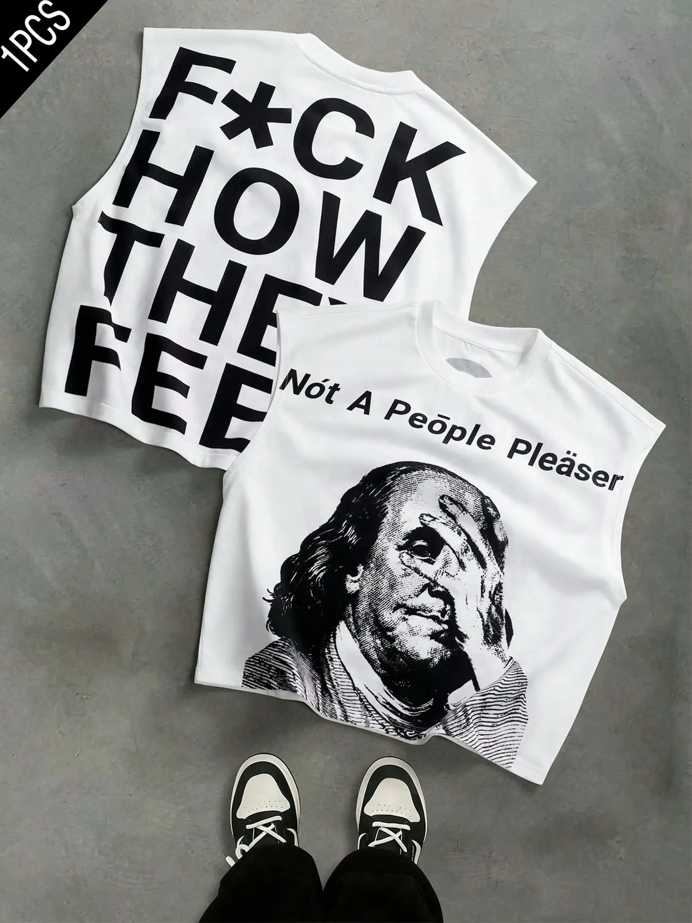 Loose Drop Shoulder Sleeveless Vest, Benjamin Franklin Print, Round Neck Street Style, Summer Campus Hip Hop Fashion, Streetwear Tank Vest