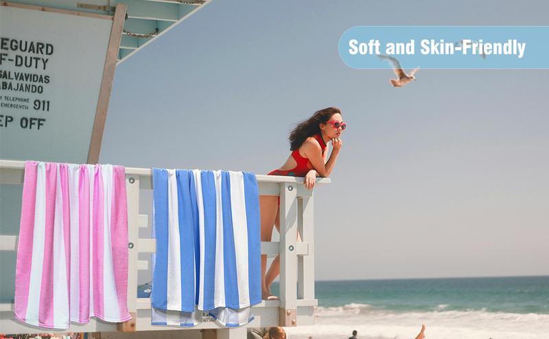 Large Oversized Beach Towel - Fluffy 31.5 x 71 Inch Plush Microfiber Pool Towel, Pink Striped Quick Dry Cabana Swim Towel